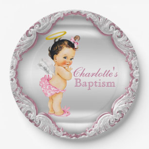Girls Silver and Pink Angel Baptism Paper Plates