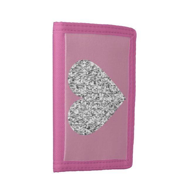Girls silver heart trifold pink wallet (Side)