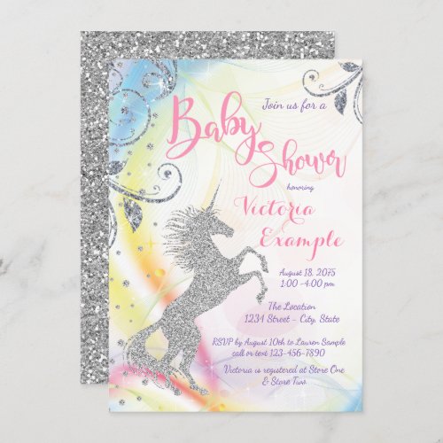 Girls Silver Unicorn Baby Shower Invitations