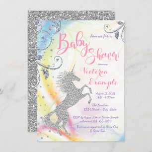 Girls Silver Unicorn Baby Shower Invitations