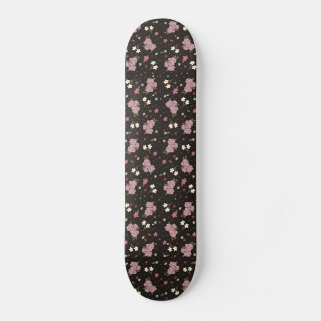 Girls Skateboard - pink flowers on dark brown Deck (Front)