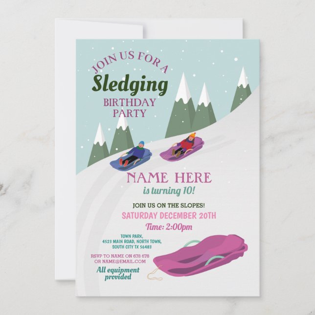 Girls Sledging Birthday Party Slopes Snow Invitation (Front)