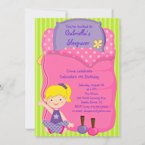 Girls Sleeping bag Sleepover Birthday Invitation