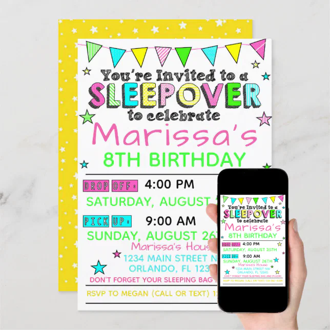 Girls Sleepover Birthday Invitation Slumber Party | Zazzle