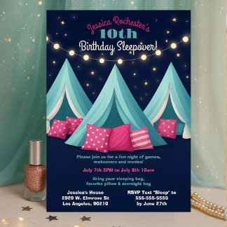 Girls Sleepover Birthday Party Tents String Lights Invitation
