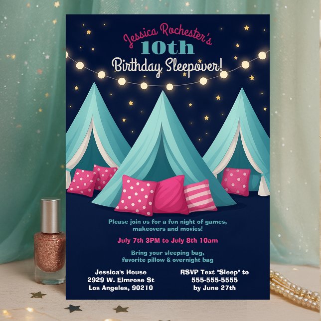 Girls Sleepover Birthday Party Tents String Lights Invitation (Creator Uploaded)