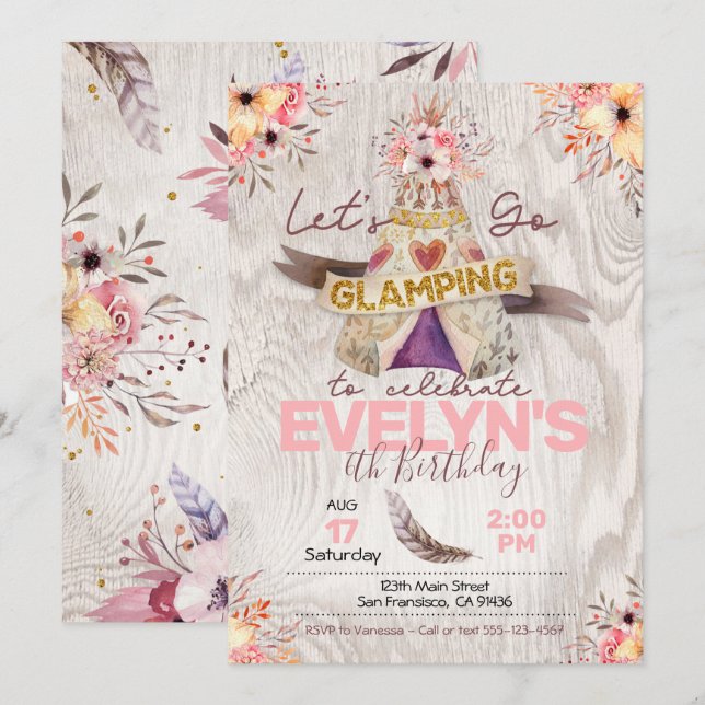 Girls Sleepover invitation, Glamping Invitation (Front/Back)