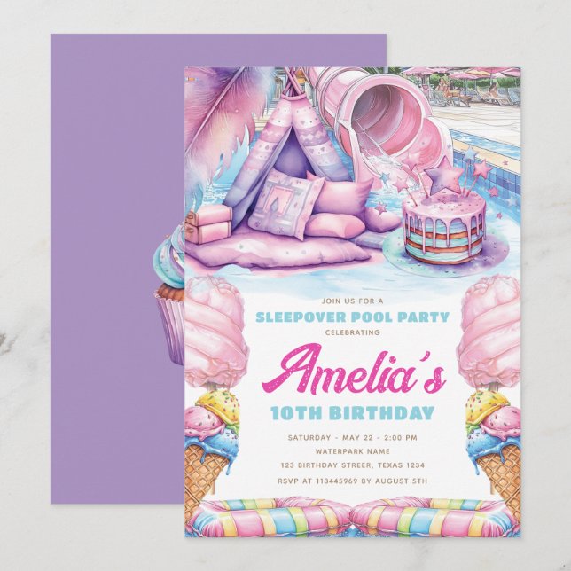 Girls Sleepover Pool Party Invitation (Front/Back)