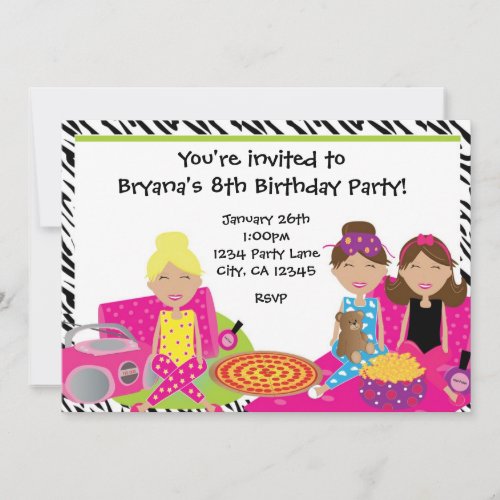 Girls Sleepover Slumber Party Zebra Invitation