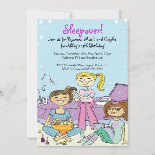 Girls Sleepover Themed Birthday Party Invitations