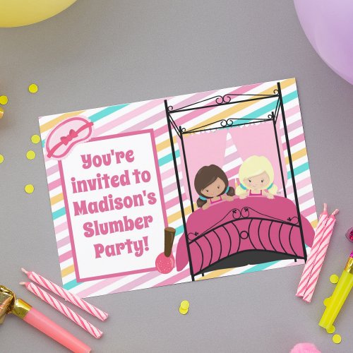 Girls Slumber Party Birthday Pretty Pink Sleepover Invitation