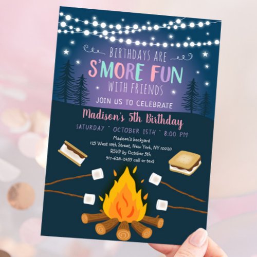 Girls Smore Fun Smores Campfire Birthday Invitation