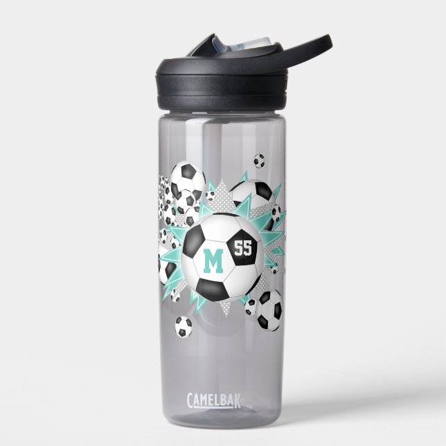 girls soccer ball blowout light teal gray stars water bottle (Left)