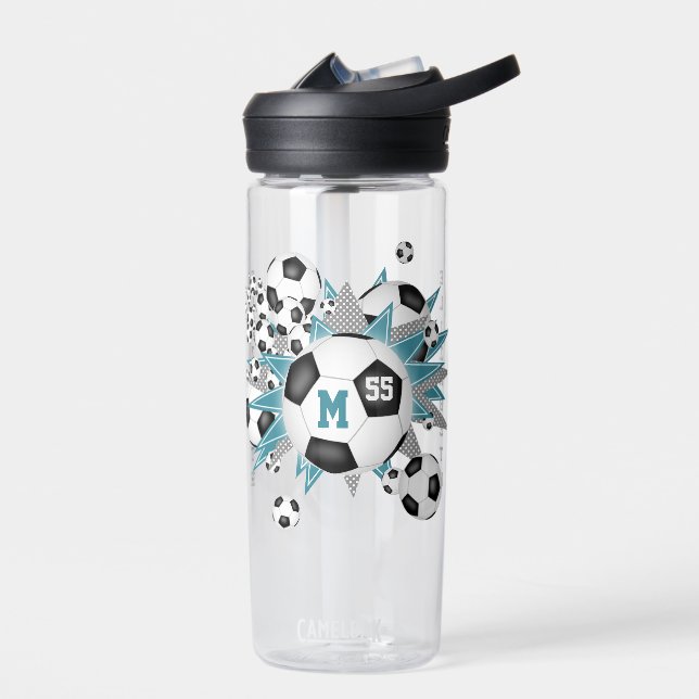 girls soccer ball blowout teal gray stars water bottle (Left)