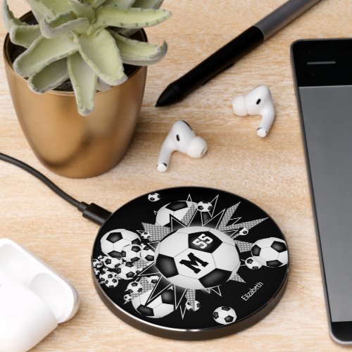 girls soccer ball blowout w black gray stars wireless charger 