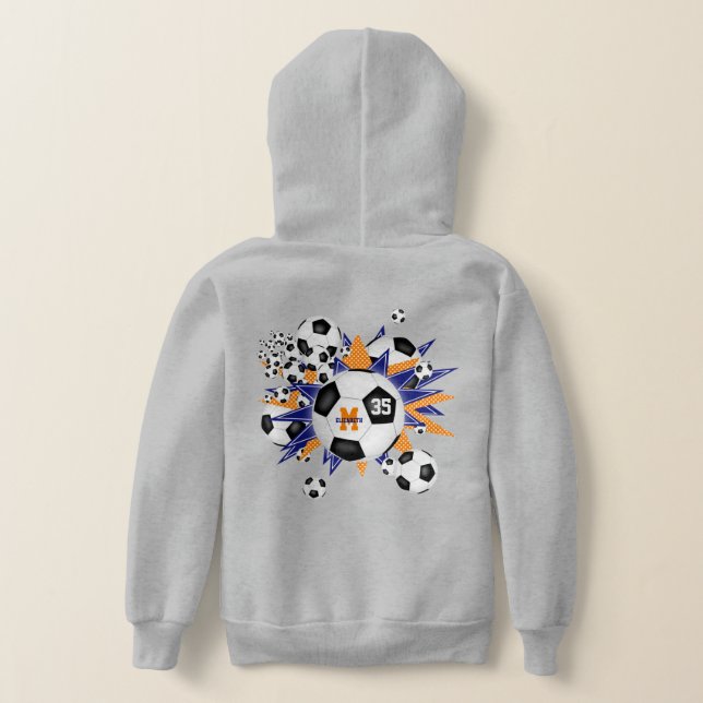 girls soccer ball blowout w blue orange stars hoodie (Laydown Back)