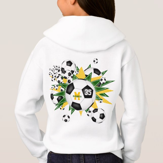 girls soccer ball blowout w green gold stars hoodie (Back)