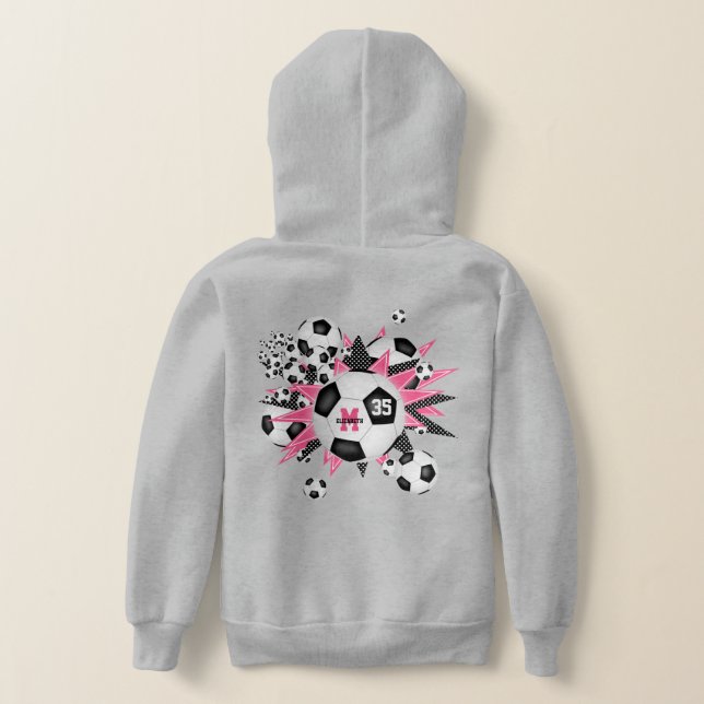 girls soccer ball blowout w pink black stars hoodie (Laydown Back)
