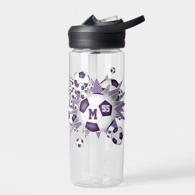 girls soccer ball blowout w purple gray stars water bottle (Left)