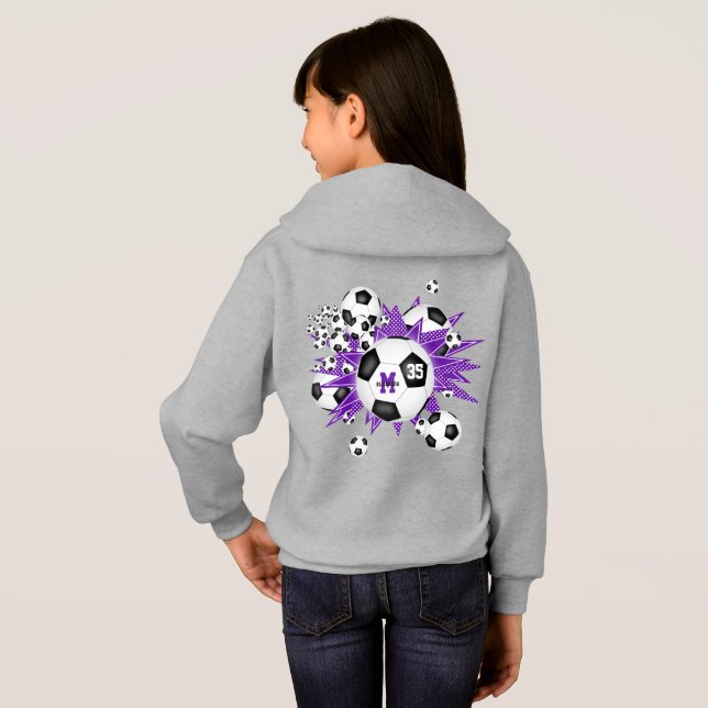girls soccer ball blowout w purple white stars hoodie (Back Full)