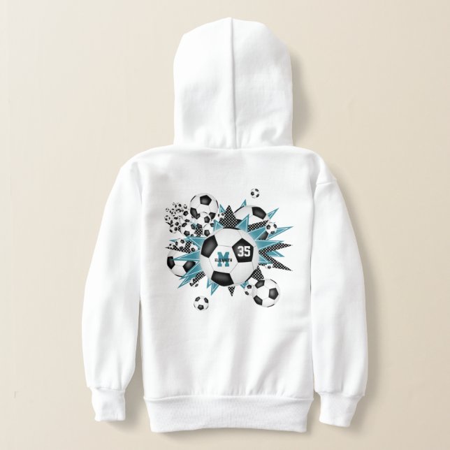girls soccer ball blowout w teal black stars hoodie (Laydown Back)