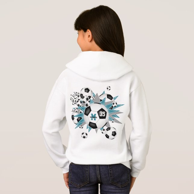 girls soccer ball blowout w teal gray stars hoodie (Back Full)