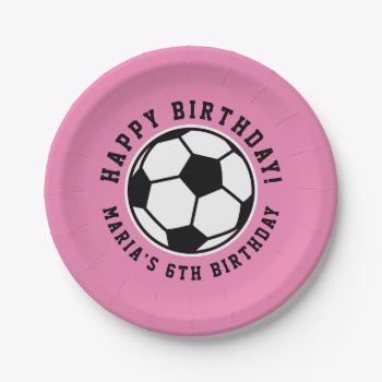 Girl's Soccer Ball Sports Birthday Custom Pink Pap Paper Plates by logotees at Zazzle