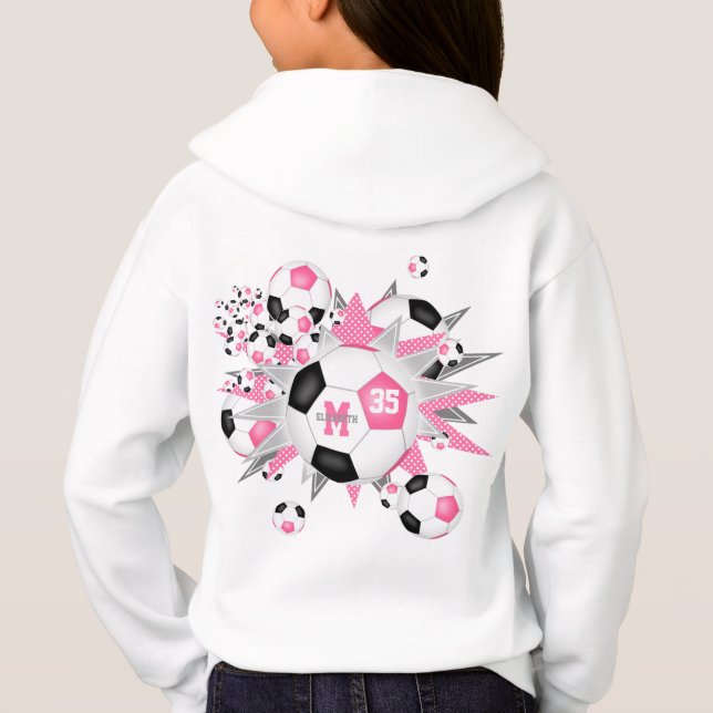girls soccer balls stars pink black monogrammed hoodie (Back)