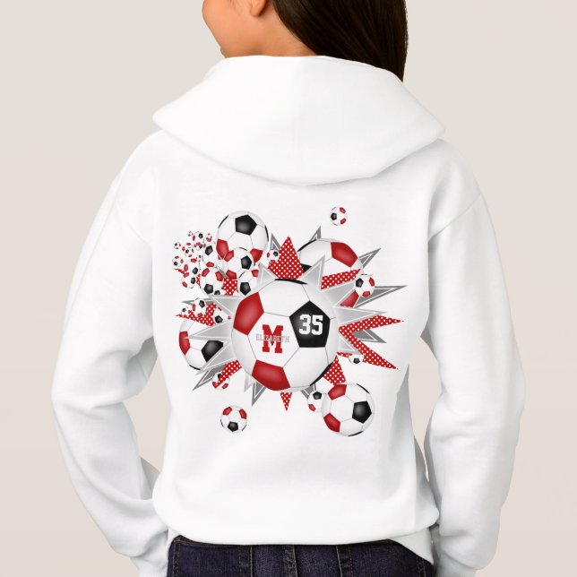 girls soccer balls stars red black monogrammed hoodie (Back)