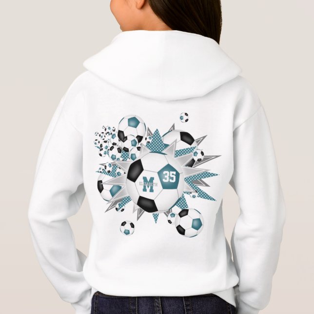 girls soccer balls stars teal black monogrammed hoodie (Back)