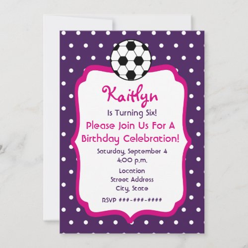 Girls Soccer Birthday Invite- Purple With Pink
