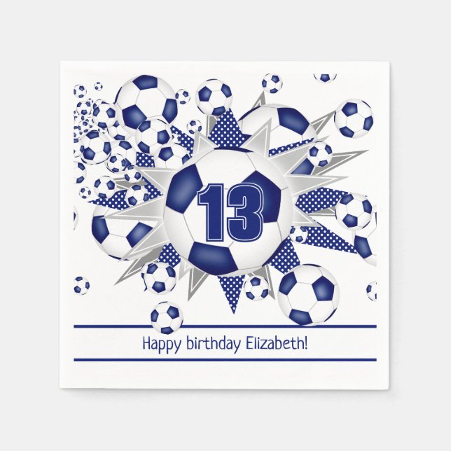 Girls soccer birthday or team party blue  napkins (Front)