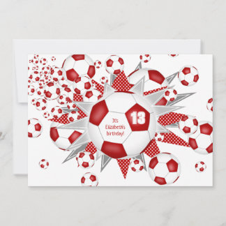 Girls Soccer birthday red soccer balls stars  Announcement