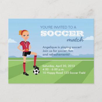 Girl's Soccer Match Postcard Invitation by ArtbyMonica at Zazzle