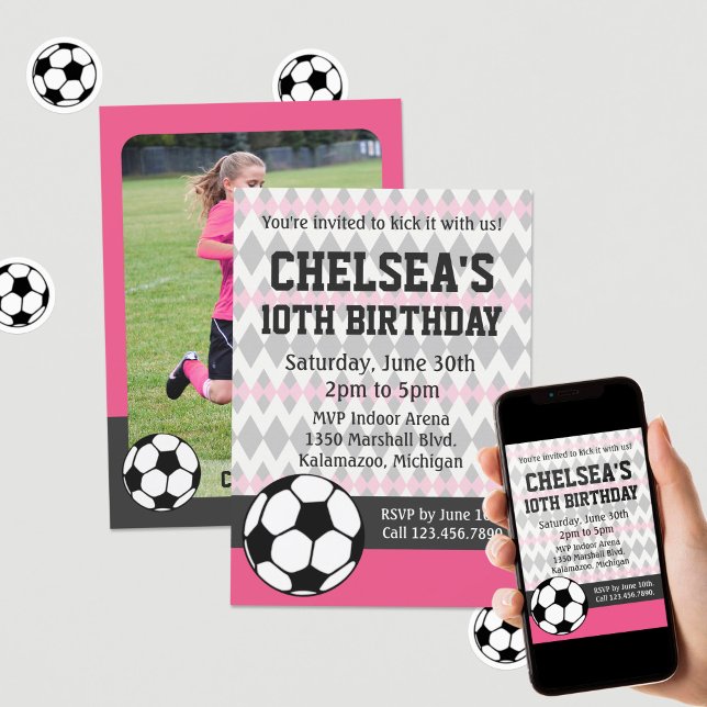 Girl's Soccer Party Custom Birthday Invitation (Creator Uploaded)