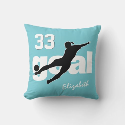 girls soccer player kicking goal choose ANY color Throw Pillow