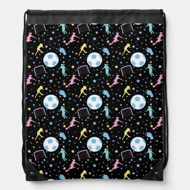 Girls Soccer Silhouettes Stars and Sparkles Drawstring Bag (Front)