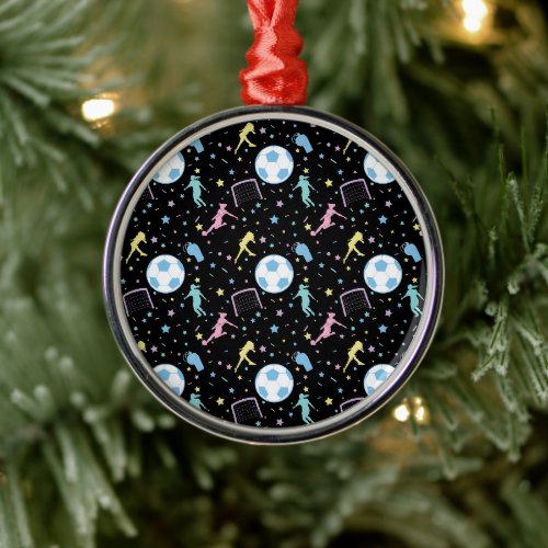 Girls Soccer Silhouettes Stars and Sparkles Metal Ornament