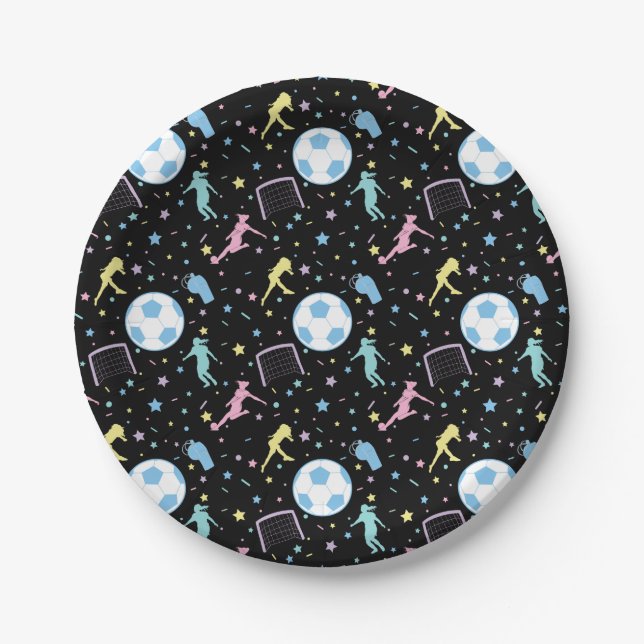 Girls Soccer Silhouettes Stars and Sparkles Paper Plates (Front)