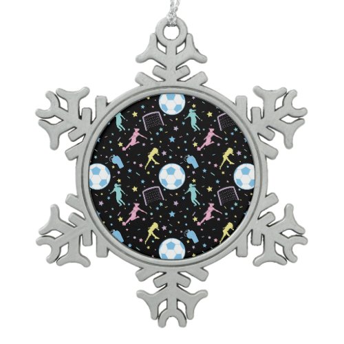 Girls Soccer Silhouettes Stars and Sparkles Snowflake Pewter Christmas Ornament
