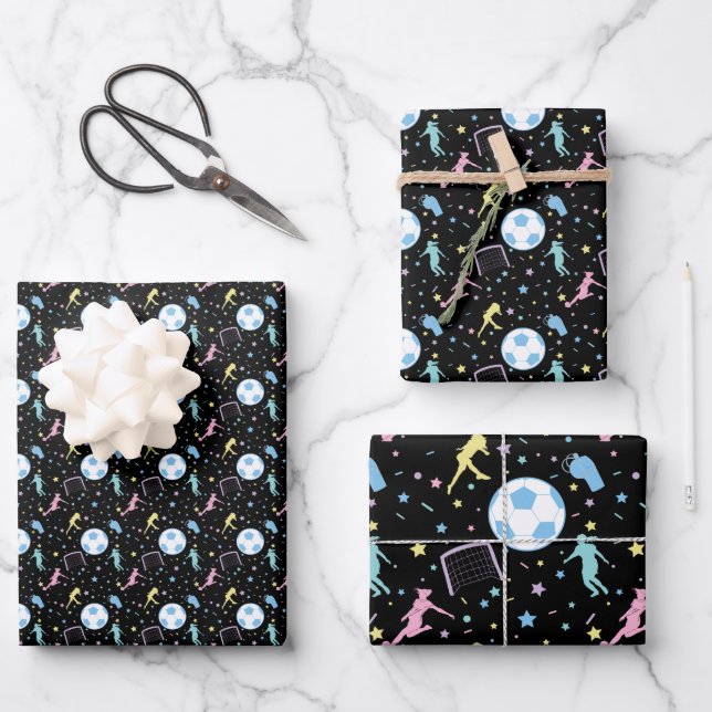 Girls Soccer Silhouettes Stars and Sparkles Wrapping Paper Sheets (Front)