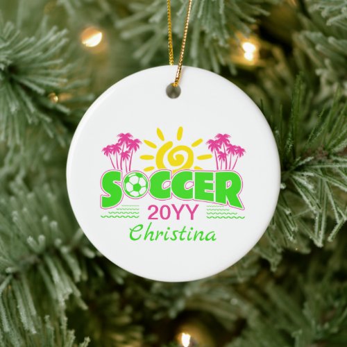 Girls Soccer Sunshine Palm Trees Ceramic Ornament