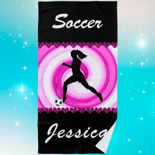 Girls Soccer Swirls and Glitter Hearts Beach Towel
