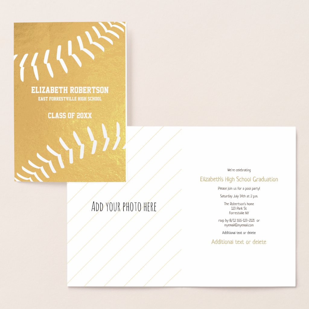 Girl's softball athlete graduation party gold foil invitation
