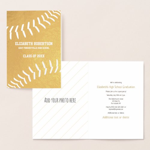 Girls softball athlete graduation party gold foil card