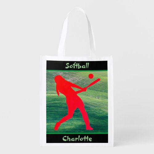 Girls Softball Batter Up on Green   Grocery Bag