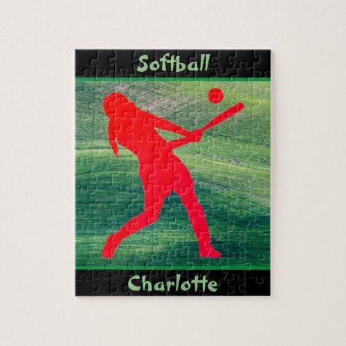 Girls Softball Batter Up on Green Jigsaw Puzzle