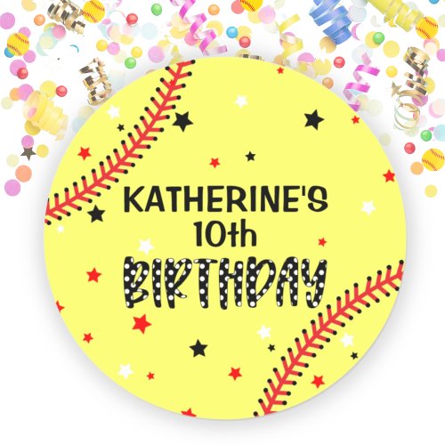Girls Softball Birthday Party Classic Round Sticker