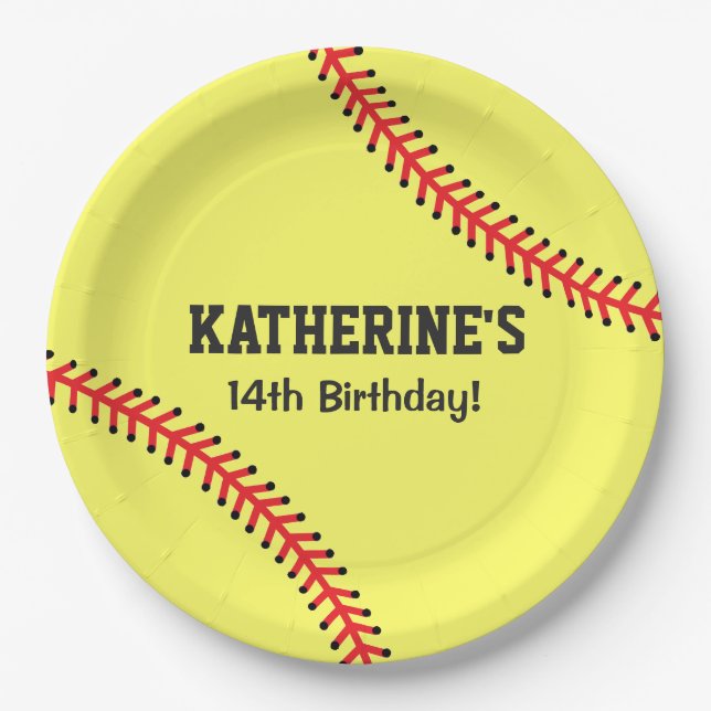 Girls Softball Birthday Party Theme Paper Plates (Front)