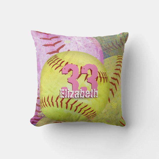 Girls' Softball bright yellow and pink Throw Pillow (Front)